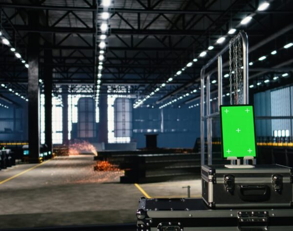 Vertical green screen in a heavy industry factory features metallic pipes, steel frameworks and automation machinery. Empty production hall highlights industrial efficiency and modern engineering.