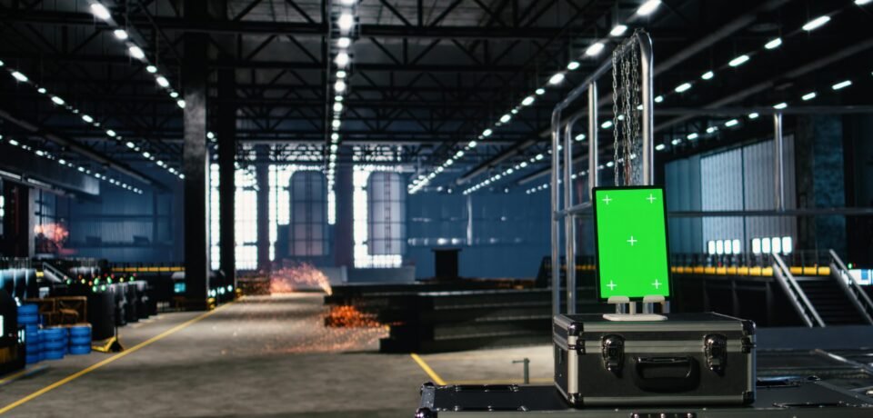 Vertical green screen in a heavy industry factory features metallic pipes, steel frameworks and automation machinery. Empty production hall highlights industrial efficiency and modern engineering.